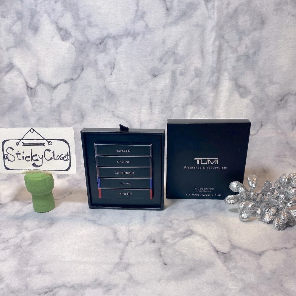 TUMI Discovery Gift Set-Unwind,Atlas,Continuum,Awaken-2ml,0.06oz-5pc-BOXED-NEW